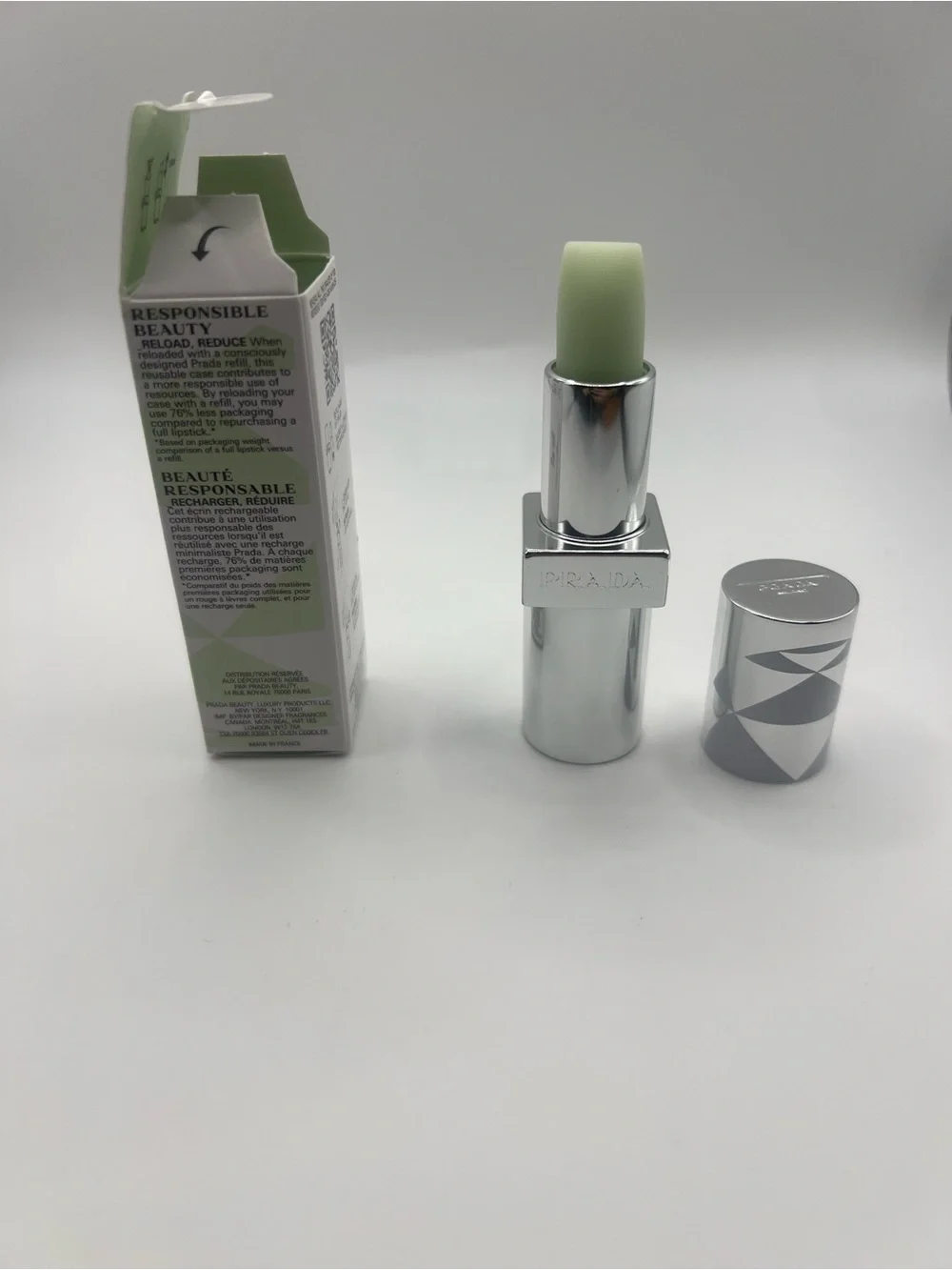 Prada Lip Balm U000 Universal in Pale Green with Silver Case